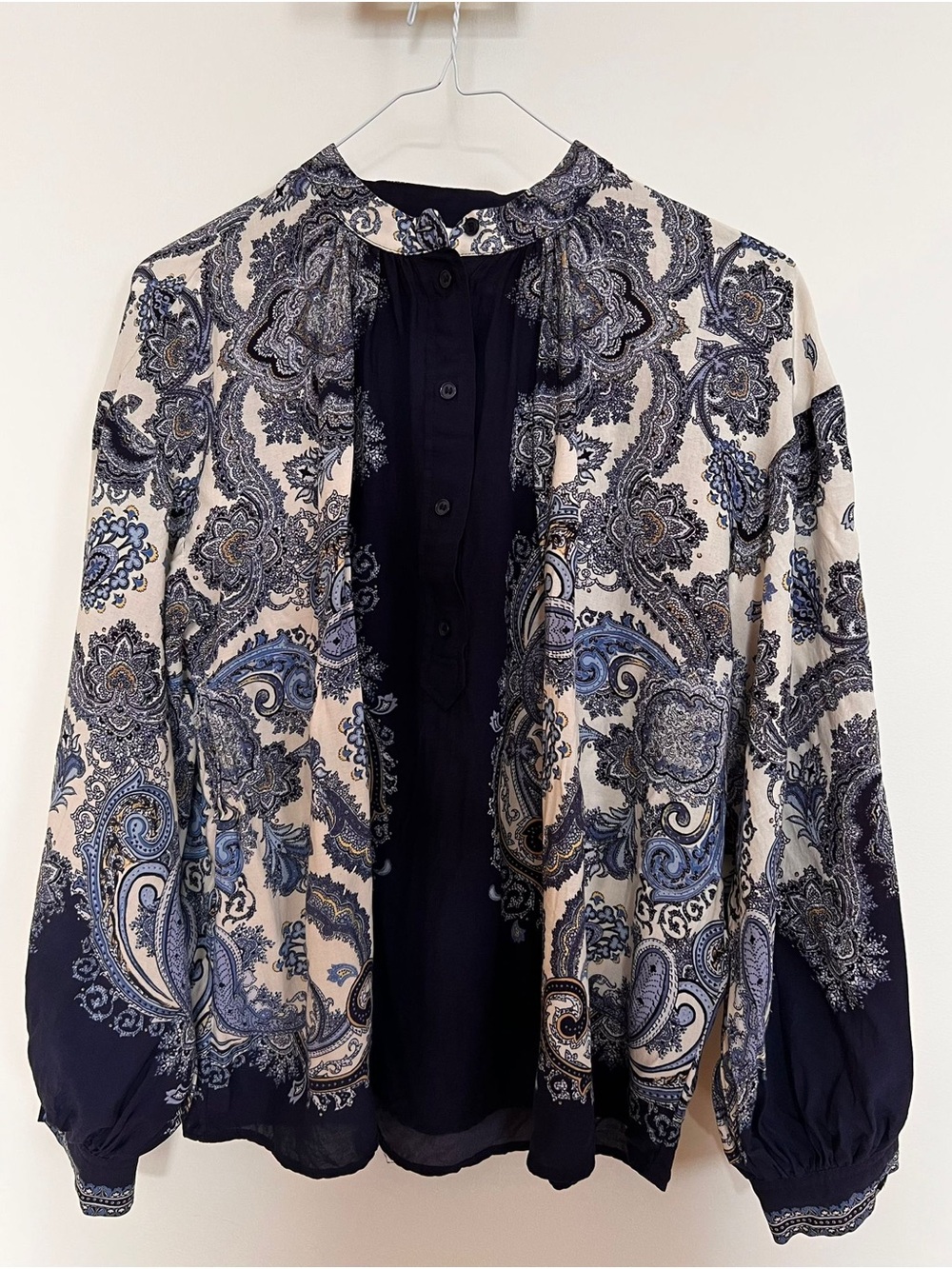 H&M Navy and Cream floral Button-Up Blouse